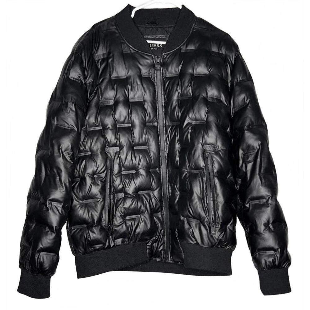 Guess Bomber Jacket Black Embossed Logo Quilted Puffer XXL